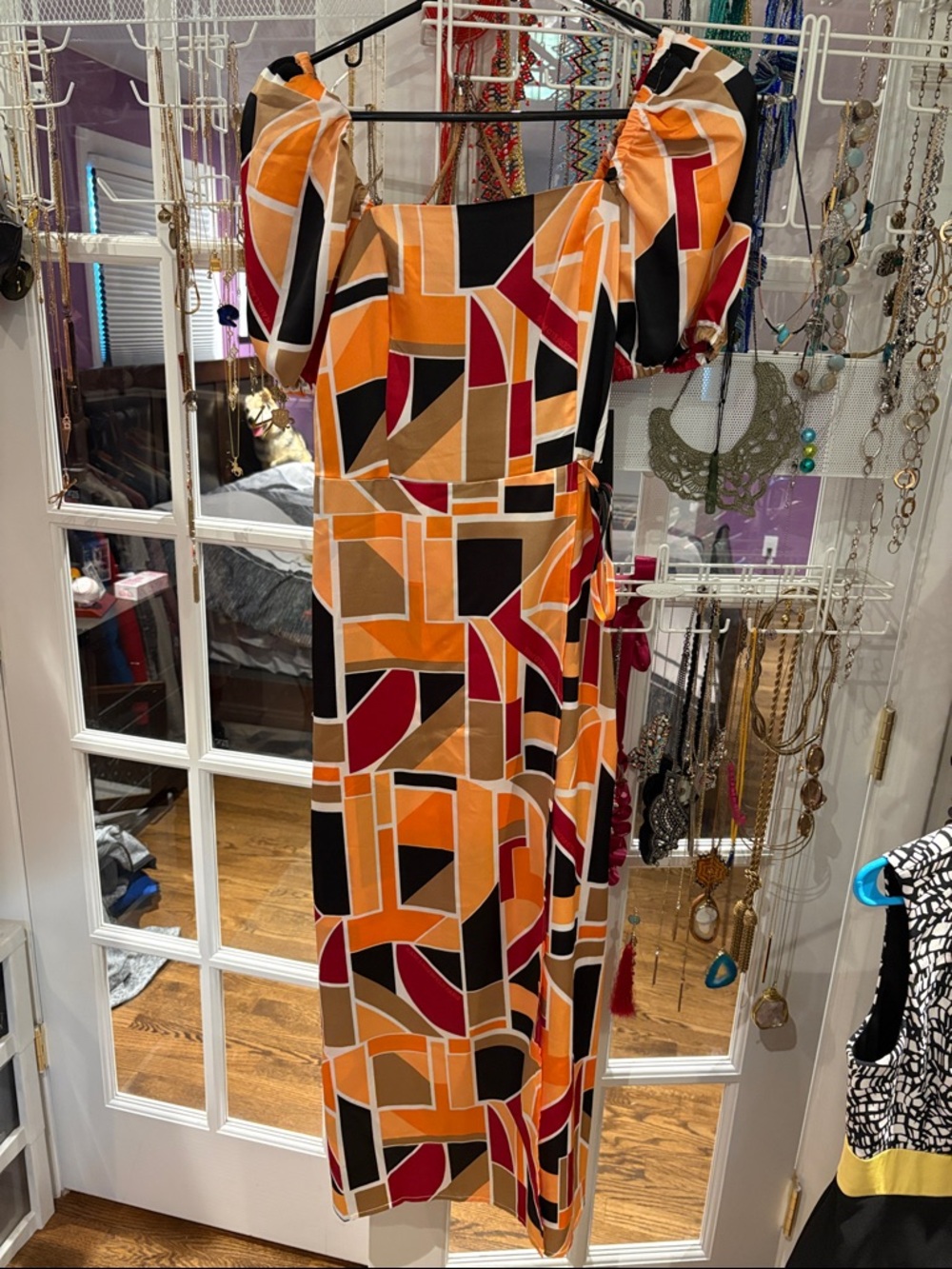 NWT Karl Lagerfeld Geometric Print Puff-Sleeve Midi Dress in Orange & Black